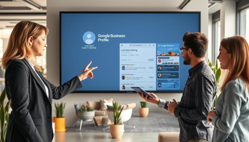 Menschen diskutieren vor großem Bildschirm über Google-Geschäftsprofil im modernen Büro.