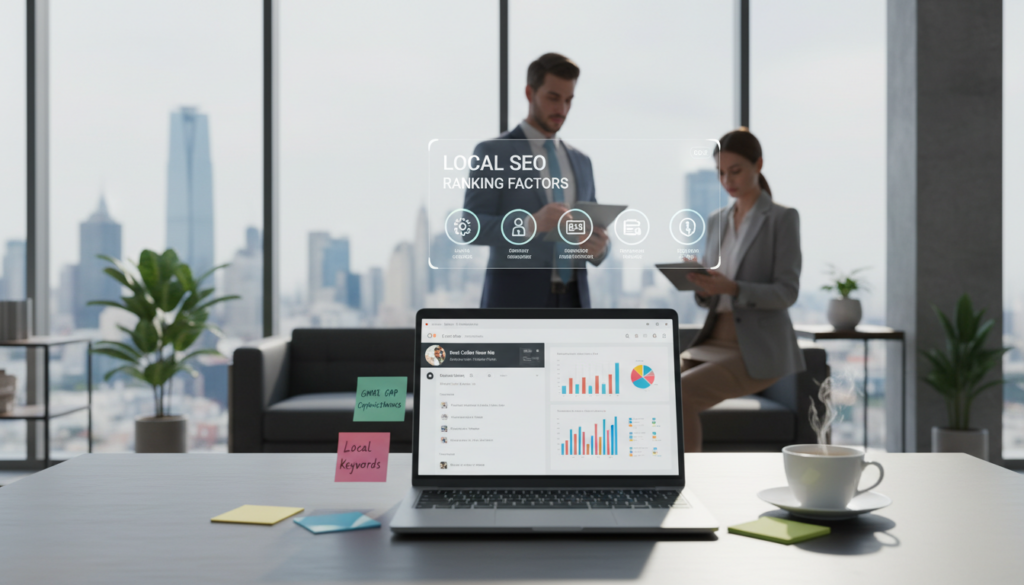 Laptop mit Statistiken auf Tisch im modernen Büro mit Stadtblick.