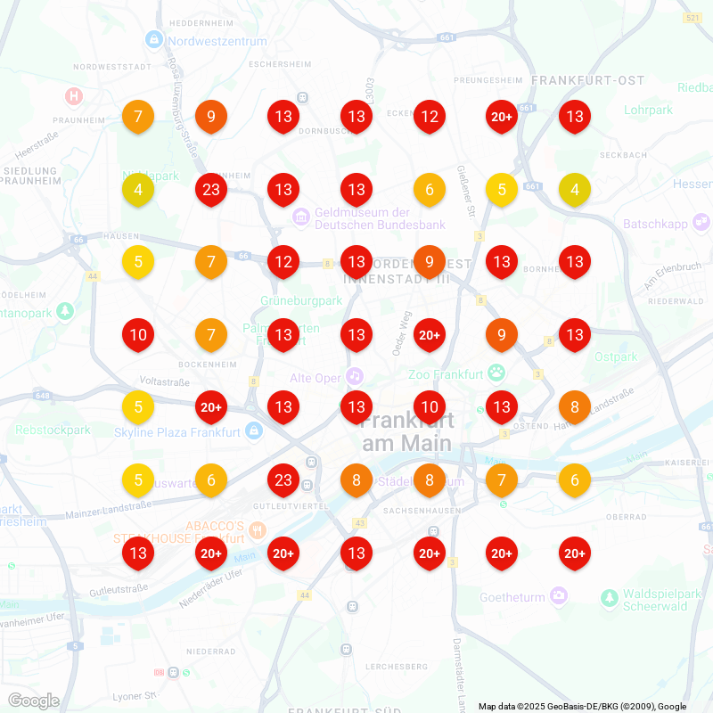 Karte mit farbcodierten Zahlen zur Luftqualität in Frankfurt am Main.