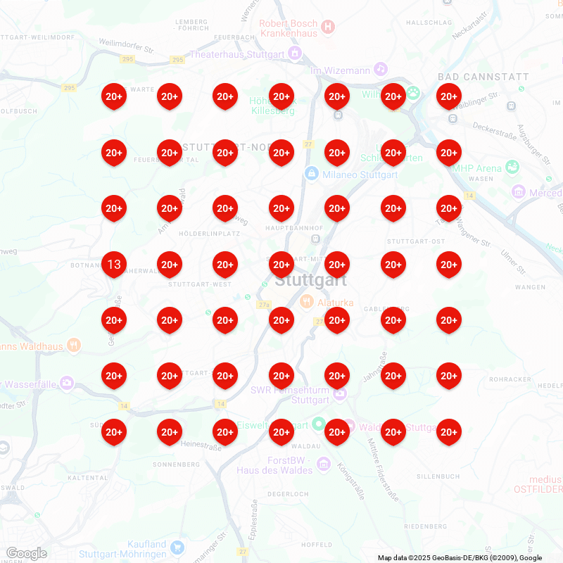 Karte von Stuttgart mit roten Markern und Verkehrskennzeichnungen.